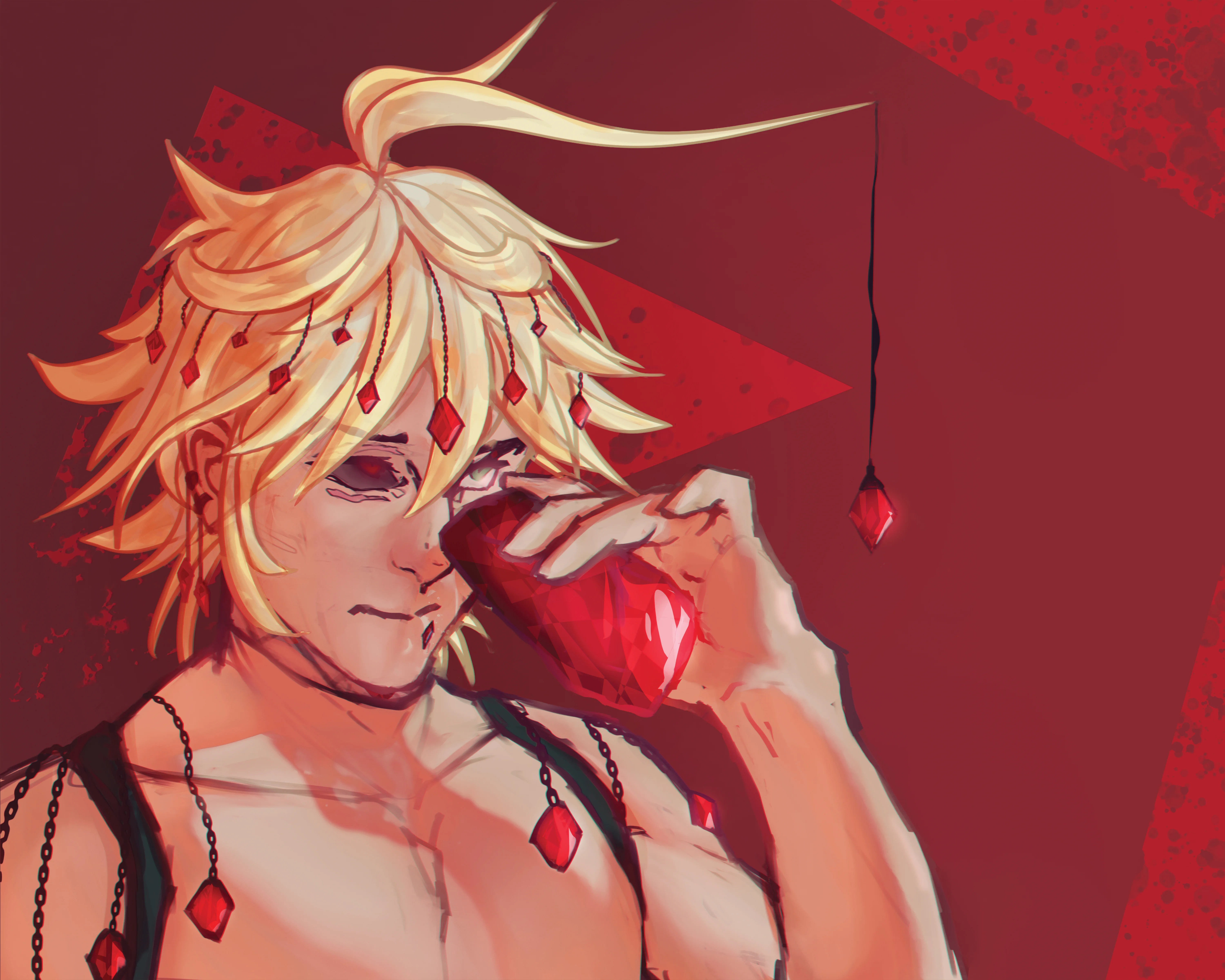 A digital illustration of a ripped, blonde dude with messy hair and a contemplative grin, rocking a red diamond jewlery set and a black backpack. He's holding a red gem, set against a dark red background with a jagged red shape, giving off a gothic vibe.